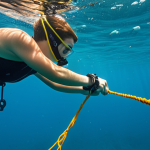 A dive instructor using a line cutter to free a student entangled in a discarded fishing net underwater, emphasizing safety and quick response.