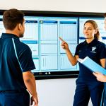 A professional female dive instructor, fully clothed in a modest, professional polo shirt and trousers, standing in a modern, brightly lit dive training classroom. She is actively mentoring a diverse group of four aspiring male and female divemasters, all fully clothed in appropriate, modest training attire. The instructor is pointing to an interactive digital screen displaying a dive plan, while students observe attentively with notebooks. The background features training equipment and large windows with natural light. Safe for work, appropriate content, fully clothed, professional, perfect anatomy, correct proportions, natural pose, well-formed hands, proper finger count, natural body proportions, high quality photography, sharp focus.