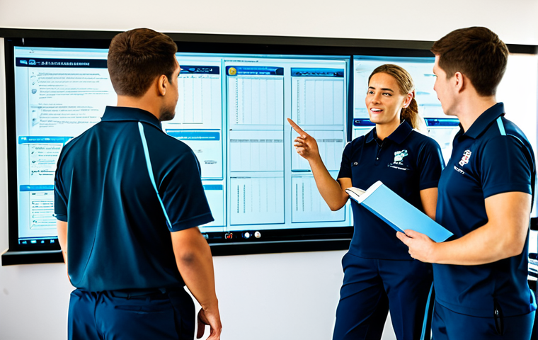 A professional female dive instructor, fully clothed in a modest, professional polo shirt and trousers, standing in a modern, brightly lit dive training classroom. She is actively mentoring a diverse group of four aspiring male and female divemasters, all fully clothed in appropriate, modest training attire. The instructor is pointing to an interactive digital screen displaying a dive plan, while students observe attentively with notebooks. The background features training equipment and large windows with natural light. Safe for work, appropriate content, fully clothed, professional, perfect anatomy, correct proportions, natural pose, well-formed hands, proper finger count, natural body proportions, high quality photography, sharp focus.