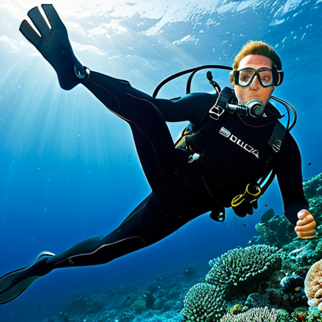 **Buoyancy Control:** "A scuba diver in a fully clothed wetsuit, hovering neutrally buoyant above a vibrant coral reef, demonstrating perfect buoyancy control, appropriate content, safe for work, perfect anatomy, correct proportions, natural pose, well-formed hands, proper finger count, natural body proportions, professional diving photography, bright underwater lighting, clear visibility, modest attire."