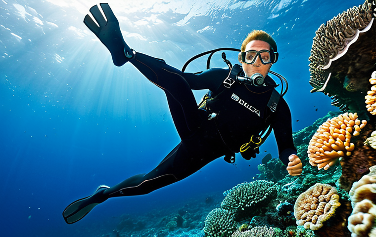 **Buoyancy Control:** "A scuba diver in a fully clothed wetsuit, hovering neutrally buoyant above a vibrant coral reef, demonstrating perfect buoyancy control, appropriate content, safe for work, perfect anatomy, correct proportions, natural pose, well-formed hands, proper finger count, natural body proportions, professional diving photography, bright underwater lighting, clear visibility, modest attire."