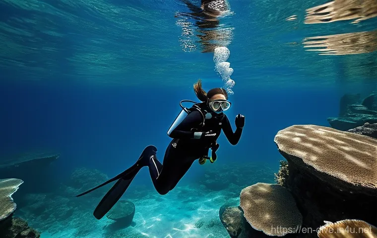 다이빙 강사 추천 기술 스킬 - **Prompt:** An expert female dive instructor demonstrates flawless buoyancy and precision underwater...