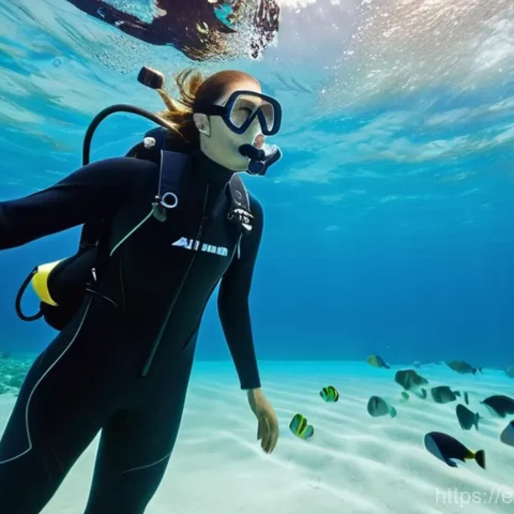 다이빙 강사로서의 마케팅 전략 - **Underwater Dive Instructor Guiding Students:** A vibrant, high-definition underwater photograph de...