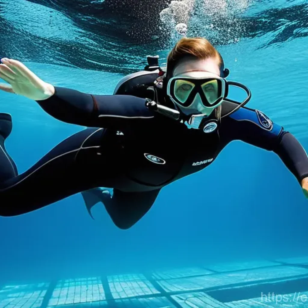 SSI 다이빙 강사 자격증 준비 팁 - **Prompt: Focused Diver Practicing Buoyancy in a Crystal-Clear Pool**
    A wide-angle, slightly und...