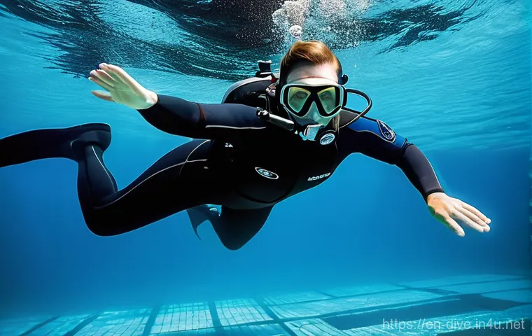 SSI 다이빙 강사 자격증 준비 팁 - **Prompt: Focused Diver Practicing Buoyancy in a Crystal-Clear Pool**
    A wide-angle, slightly und...