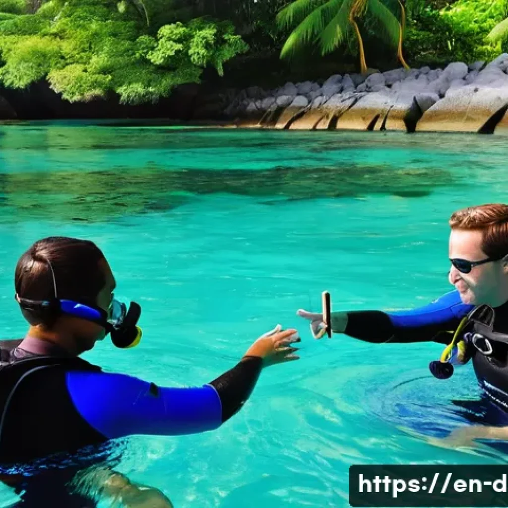 다이빙 강사로 성공하기 위한 핵심 스킬 - A professional scuba diving instructor patiently teaching a diverse group of adult students in clear...