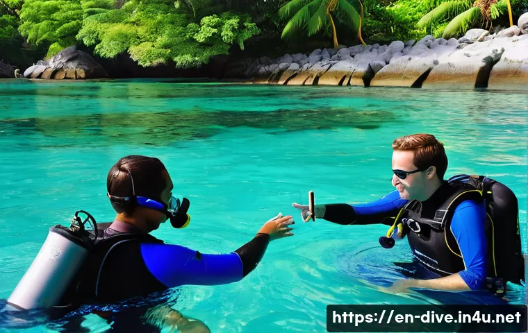 다이빙 강사로 성공하기 위한 핵심 스킬 - A professional scuba diving instructor patiently teaching a diverse group of adult students in clear...