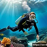 다이빙 강사의 연봉 협상 팁 - A professional scuba diving instructor in full gear, confidently teaching a diverse group of adult s...