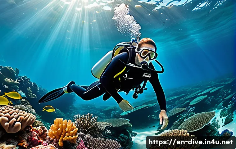 다이빙 강사의 연봉 협상 팁 - A professional scuba diving instructor in full gear, confidently teaching a diverse group of adult s...