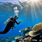 다이빙 강사 커리어의 미래 전망 - A professional female diving instructor wearing full wetsuit and scuba gear, leading an eco-tourism ...