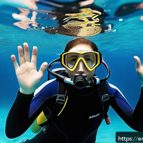 다이빙 강사의 강습생 유형 분석 - A serene underwater scuba diving training scene featuring a female visual learner in full wetsuit an...