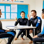 다이빙 강사 강습 중 흔한 질문 대응법 - A friendly scuba diving instructor in a bright, modern dive classroom, sitting casually with a diver...