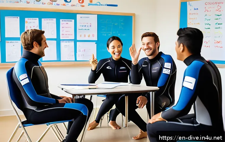 다이빙 강사 강습 중 흔한 질문 대응법 - A friendly scuba diving instructor in a bright, modern dive classroom, sitting casually with a diver...