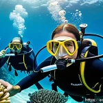 다이빙 강사 실무 경험 쌓는 법 - A professional scuba diving instructor engaging with a diverse group of beginner divers underwater i...