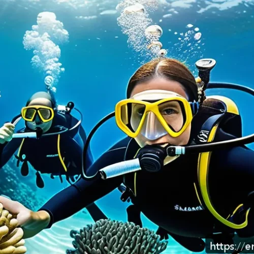 다이빙 강사 실무 경험 쌓는 법 - A professional scuba diving instructor engaging with a diverse group of beginner divers underwater i...