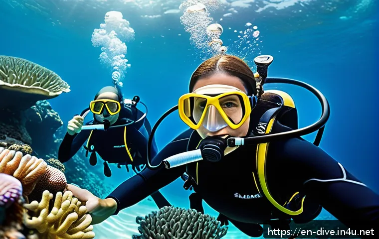 다이빙 강사 실무 경험 쌓는 법 - A professional scuba diving instructor engaging with a diverse group of beginner divers underwater i...
