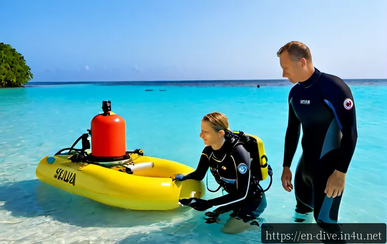 다이빙 강사 자격증 시험 후기 - Photorealistic scuba diving instructor certification practical exam at a calm tropical shore, confid...